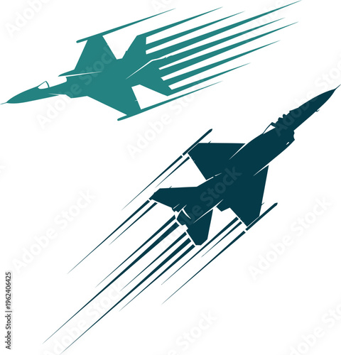 Modern supersonic fighter jet aircraft silhouettes in flight with speed trail line effects.
