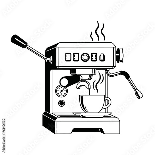 Espresso Machine Brewing Hot Coffee Into Cup, Steam Rising, Vintage Style