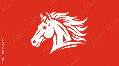 Elegant white horse head emblem on a vibrant red background.