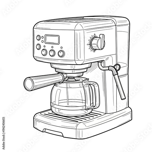 Espresso Machine with Carafe, Kitchen Appliance, Coffee Maker, Vintage Line Art Style