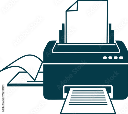 Printer icon showing paper loading and printing, a vector illustration of office equipment.