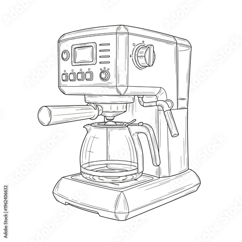 Espresso Machine with Carafe, Line Art Drawing, Kitchen Appliance, Coffee Maker Illustration
