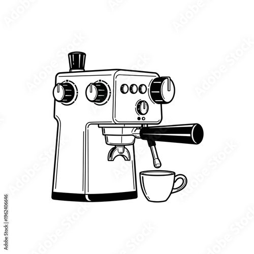 Espresso Machine with Cup, Black and White Line Art Drawing, Coffee Maker