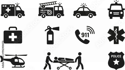 Emergency Services and Rescue Vehicles Collection in Black and White.