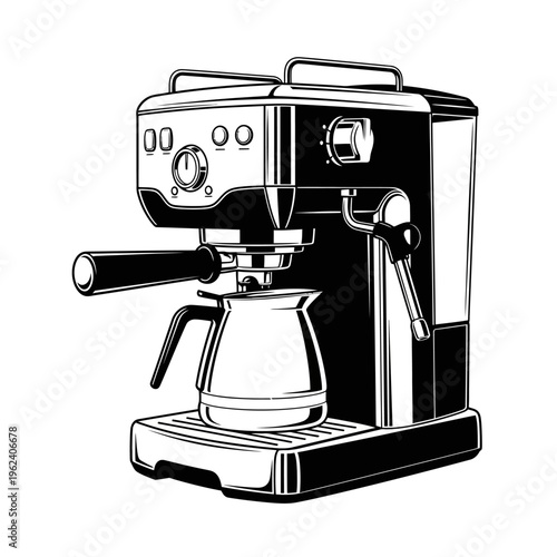 Espresso Machine with Milk Jug, Black and White Illustration