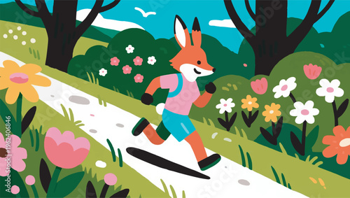 Illustration Of A Fox Wearing A Sporty Outfit, Jogging On A Flowered Garden Path, Energetic And Fun Expression Vector Design Template