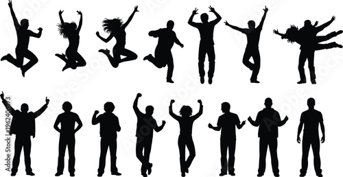 Silhouettes of people in dynamic expressive poses, jumping, dancing, celebrating, and standing gestures symbolizing joy, freedom, lifestyle, and energy