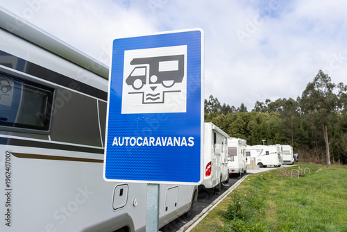 Close up of a Autocaravanas sign at RV parking area in Galicia, Spain