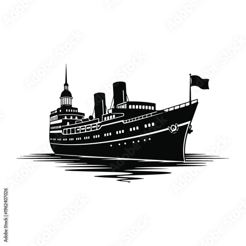 Vintage ocean liner, luxury cruise ship, black and white vector, nautical icon