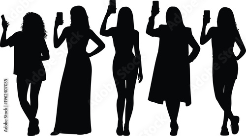 Group of five women in silhouette posing and taking selfies with their smartphones in fashionable attire