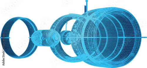 Futuristic wireframe blueprint of a complex modular space station with interconnected cylindrical modules and rings in a bright blue digital rendering style