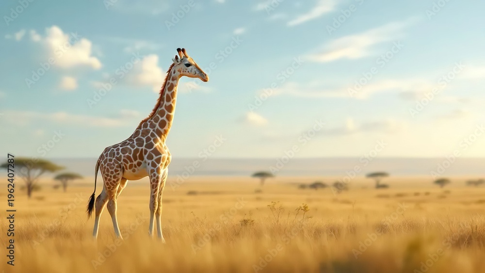 Obraz premium giraffe standing in savannah with acacia trees