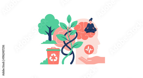Holistic Health and Well-being: Mind, Body, and Nature Harmony. Mental Wellness, Environmental Sustainability, and a Conscious Lifestyle Concept.