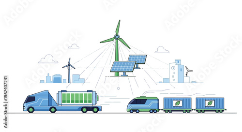 Sustainable Energy Ecosystem: Renewable Power Grid with Solar & Wind, Green Logistics via Electric Truck & Train