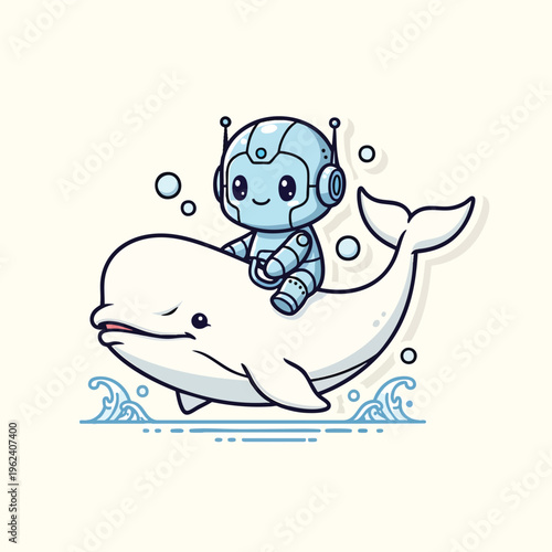 A cartoon robot sits atop a white whale, framed by bubbles and waves, against a cream-colored background. The robot has a smiling face