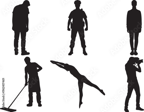 Collection of black silhouette people performing various actions and occupations