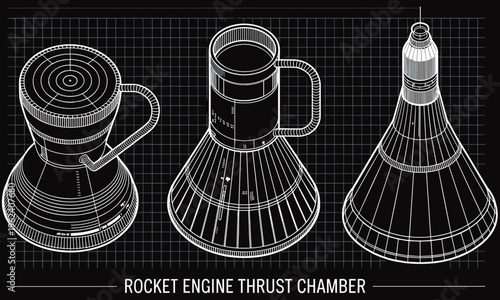 Technical blueprint of three rocket engine thrust chamber components presented in isometric view on a grid background
