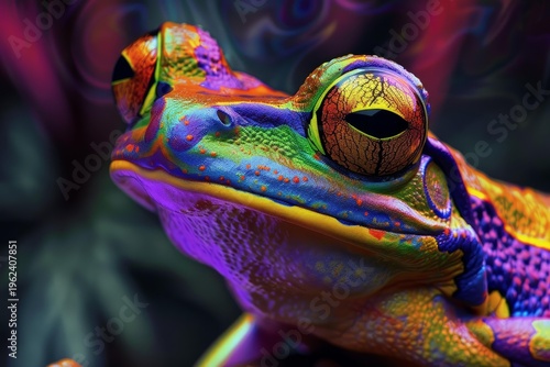 Vibrant exotic frog with intense colors in a psychedelic style, perfect for nature and wildlife projects