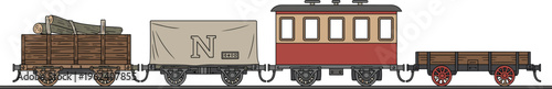 Historic train illustration with wooden freight wagon, covered cargo car, vintage passenger coach, open flatbed wagon, railway transport design, heritage