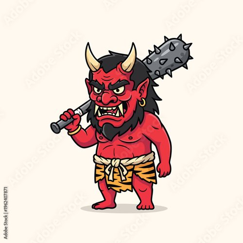 A cartoonish demon with red skin, horns, and sharp teeth, is holding a spiky club. He wears a tiger-striped loincloth, with black hair and a mean expression