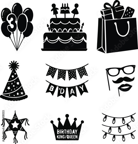 birthday celebration black silhouette icons set vector illustration.