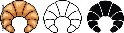 Croissant bread silhouette & Outline and illustration set isolated on transparent background