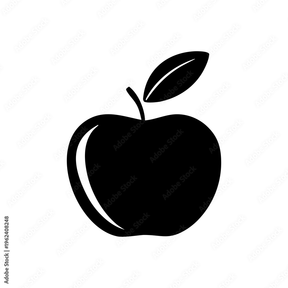 Fototapeta premium Black silhouette icon of an apple with a leaf, simple vector graphic of a fruit, isolated, simple vector graphic represents the fruit, isolated on a white background