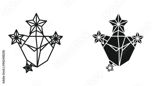 Contrasting heraldic star and cross designs with differing fill styles and embellishments