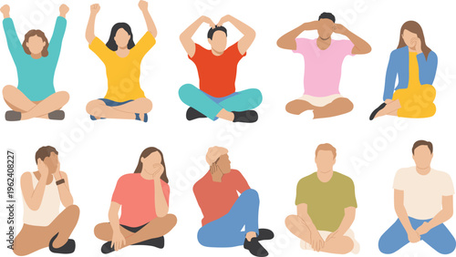 Seated figures illustration, cross-legged poses, expressive gestures, casual attire, stylized people, contemplative design, modern artwork, social diversity, flat minimal art