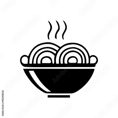 Steaming bowl of noodles icon, black silhouette, simple food graphic, vector illustration, simple graphic represents a hot dish of noodles, isolated on white