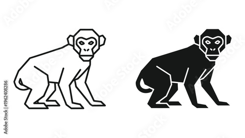 Contrast between outline and filled illustrations of a monkey in a crouching position.