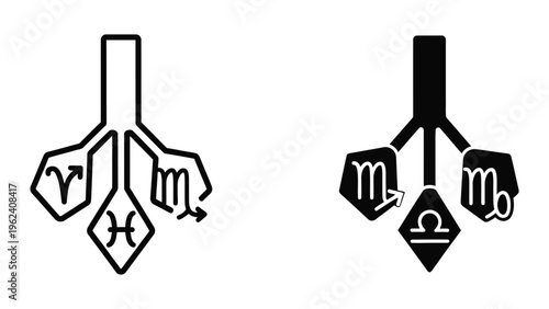 Astrological symbols combined in a dual celestial and terrestrial representation