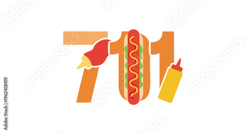 A vibrant graphic features numbers, condiments, and a hot dog. The numbers are stylized and colorful, with the hot dog nestled within them. Condiments are near