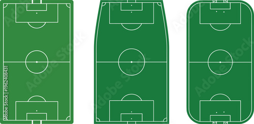 Soccer field illustration, three layouts, green grass, white markings, rectangular design, concave sides, rounded corners, football pitch comparison, sports diagram