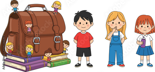 Cute School Kids and Backpack Scene with Children, Books, Reading, and Education Cartoon Vector Illustration Set