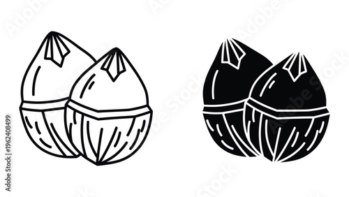 Contrast illustration of whole and halved coconuts with distinct line art styles