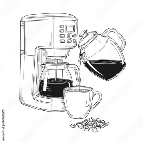 Pouring Fresh Coffee from Carafe into Mug Next to Drip Coffee Maker and Beans