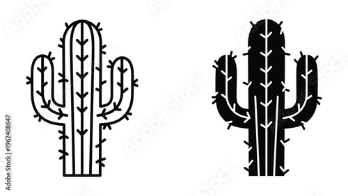Contrastive black and white illustration of cacti with intricate spines and arms