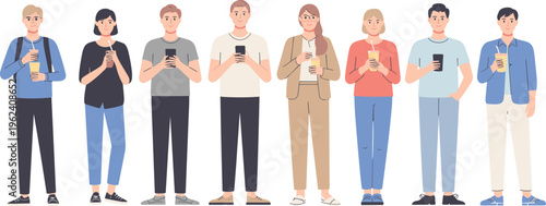 Standing group illustration, casual clothing styles, people with drinks, smartphone users, modern lifestyle artwork, social scene design, flat minimal art