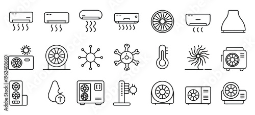 Collection of line icons for air conditioning units, fans, and climate control symbols.
