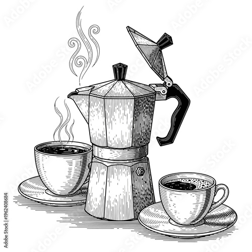 Vintage Moka Pot Coffee Maker with Steaming Cups on Saucers, Black and White Engraving Style