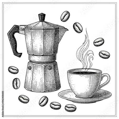 Vintage Moka Pot Coffee Maker with Steaming Cup and Beans - Hand-Drawn Illustration