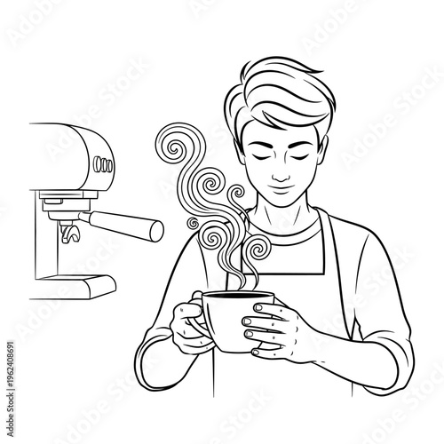 Barista holding a steaming cup of coffee next to an espresso machine, enjoying the aroma