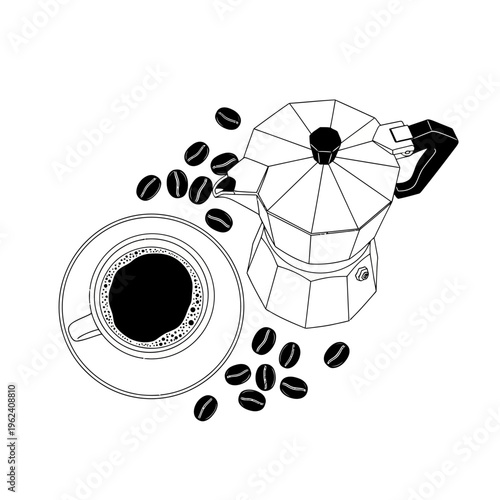 Espresso Coffee Maker and Cup with Beans - Top View Line Art