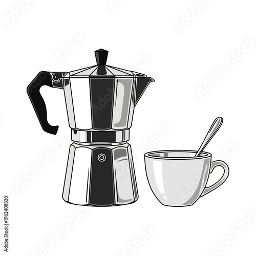 Espresso Coffee Maker and Cup with Spoon, Vintage Italian Moka Pot Illustration