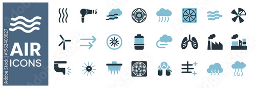 Air icons: wind, fans, lungs, factory, weather, and air quality symbols.