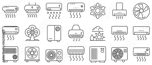 Collection of line icons for air conditioning units, fans, and climate control devices.