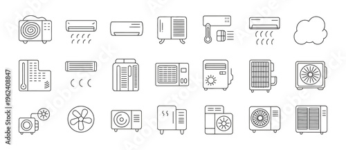 Diverse set of vector line art icons representing air conditioning systems and fans.