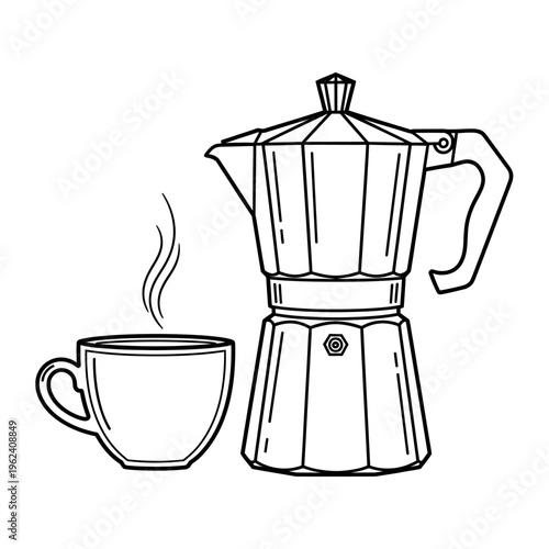 Espresso Coffee Maker and Steaming Cup: Italian Moka Pot and Hot Beverage