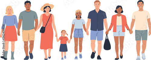 Standing group illustration, diverse clothing styles, casual summer fashion, family and friends, community togetherness, stylized artwork, modern flat design